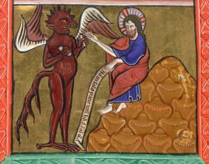 Detail of a miniature of the First Temptation of Christ: from a Psalter, England (Oxford), c. 1200–1225, Arundel MS 157, f. 5v