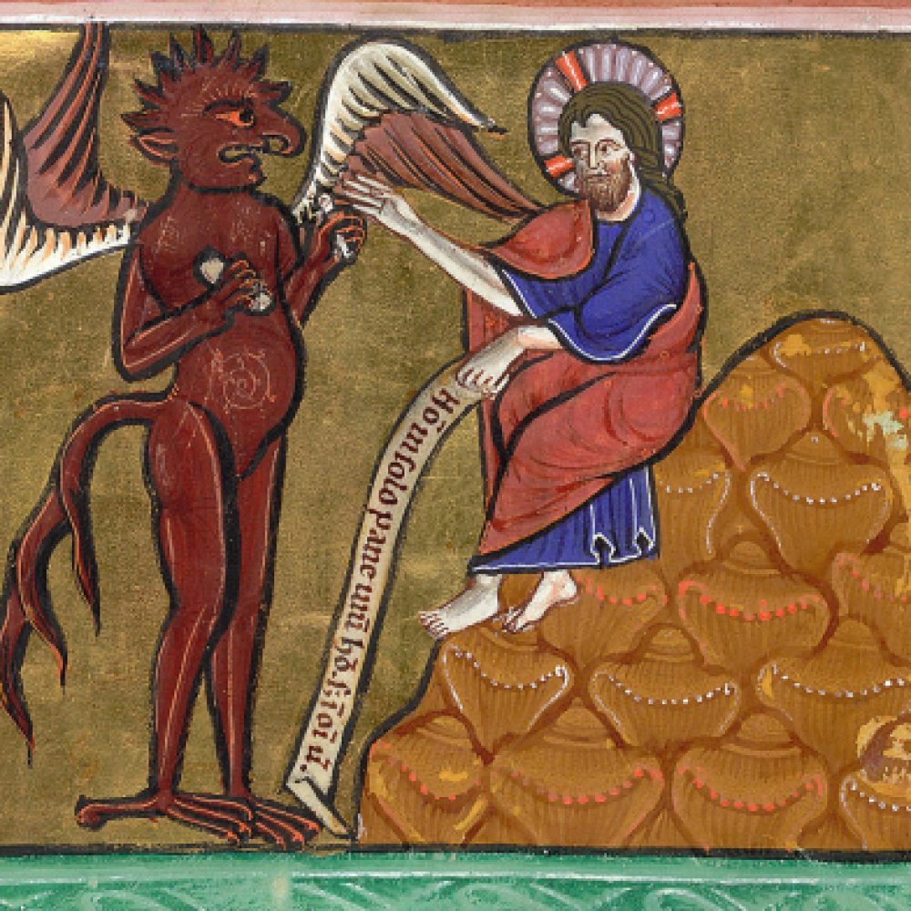Detail of a miniature of the First Temptation of Christ: from a Psalter, England (Oxford), c. 1200–1225, Arundel MS 157, f. 5v
