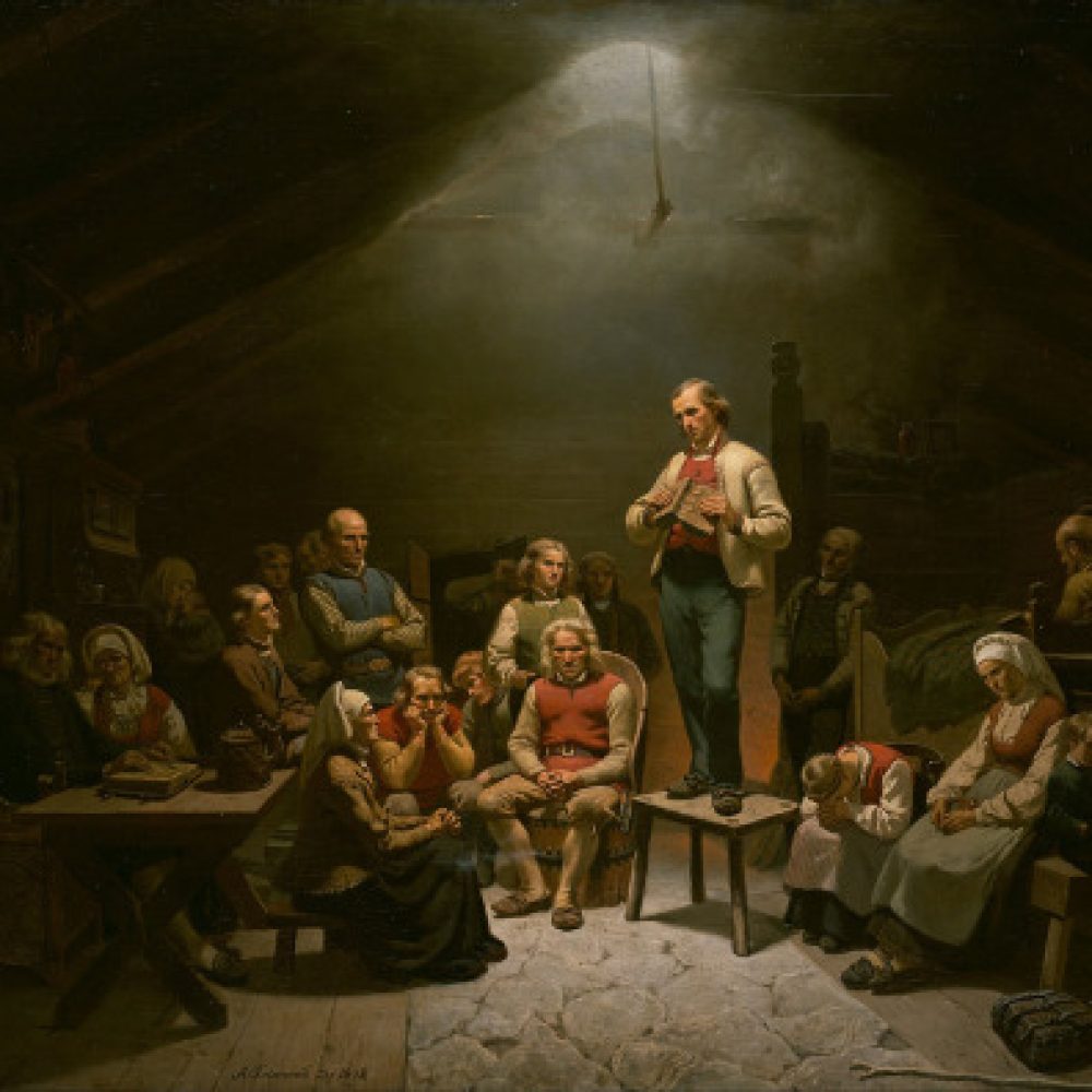 Conventículo pietista noruego. Obra de Adolph Tidemand, 1852.