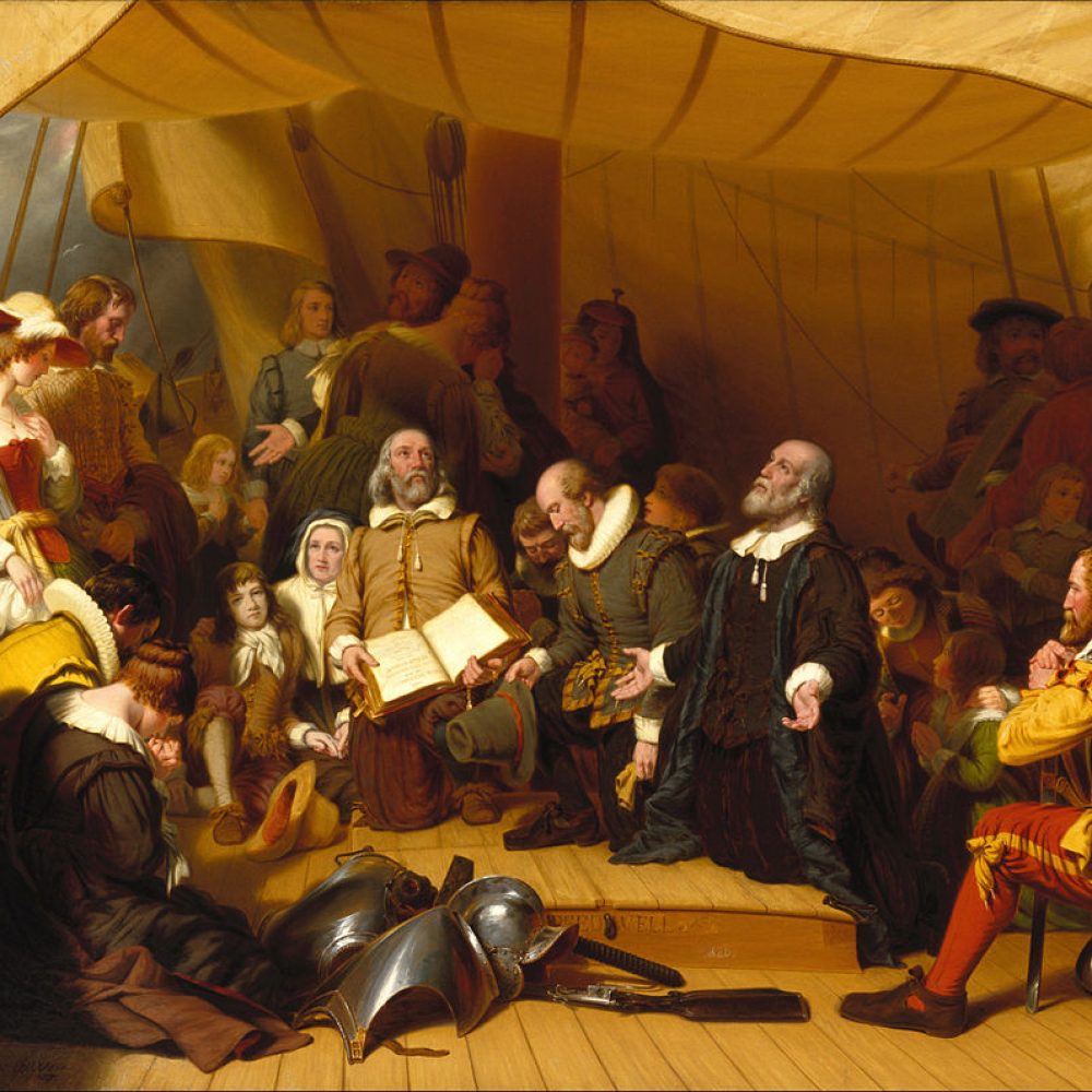 "The Embarkation of the Pilgrims" (1857) por el pintor americano Robert Walter Weir, en el Capitolio de los Estados Unidos, Washington, DC